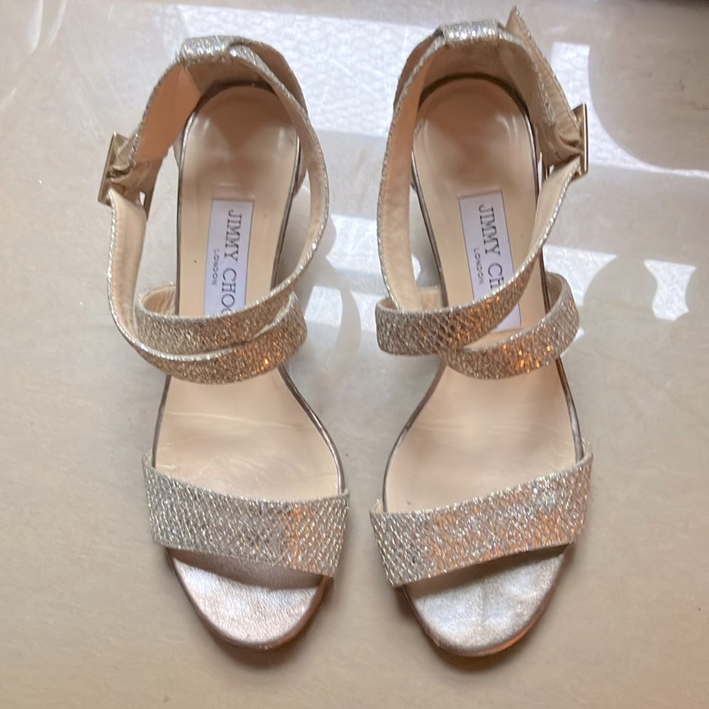 Jimmy Choo size 37 silver wedge sandals with silver color wedge